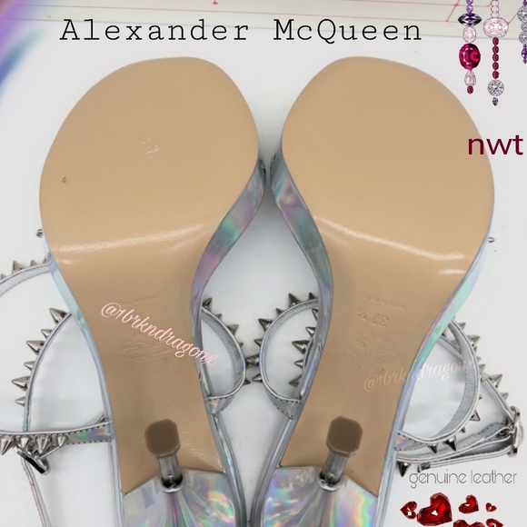 BNIOB ALEXANDER MCQUEEN Leather Silver Iridescent Heels Caged Embellished - Picture 6 of 15